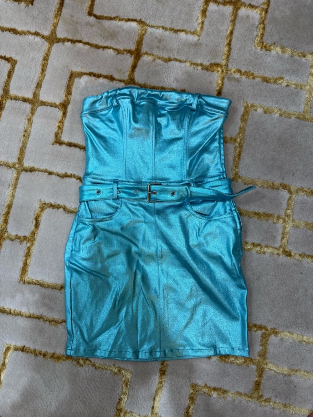Oh Polly Metallic Turquoise Strapless Mini Dress with Belt